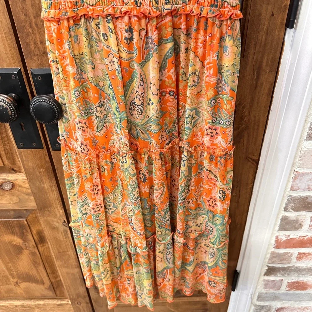 Joie de Vivre Tiered Mesh Midi Dress Women Size M Orange Paisley Smocked Waist - Picture 10 of 13